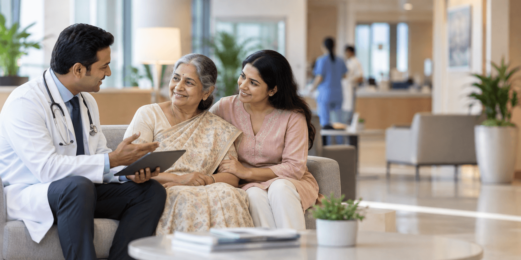 Doctor providing care guidance to a mother and daughter